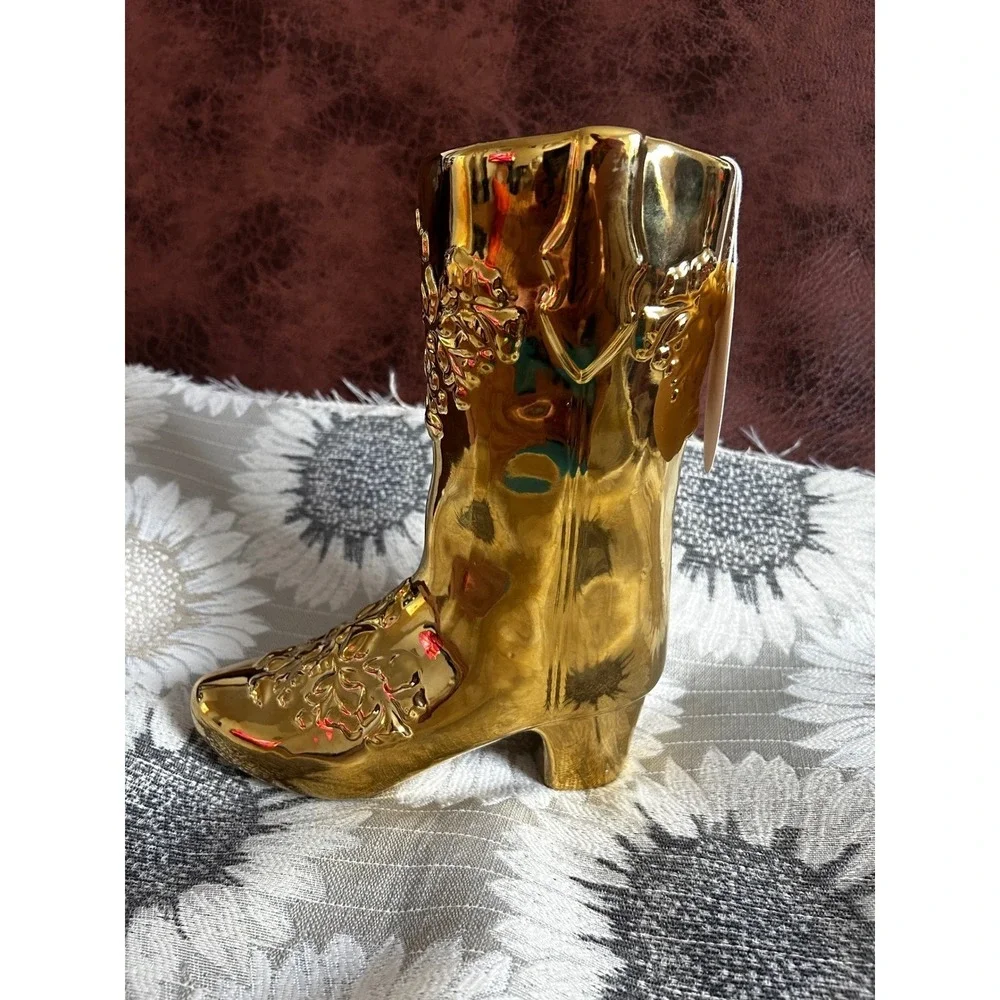 Metallic Gold Cowboy Boot Ceramic Vase Western Floral Embossed Decorative Accent